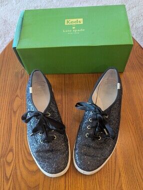 Kate Spade Black Glitter Ribbon-Lace Sneakers, Size 10